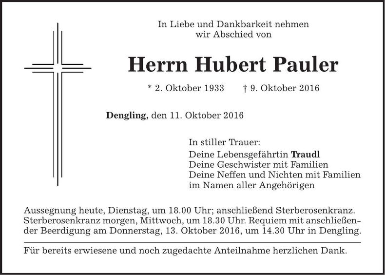 Traueranzeige Hubert Pauler