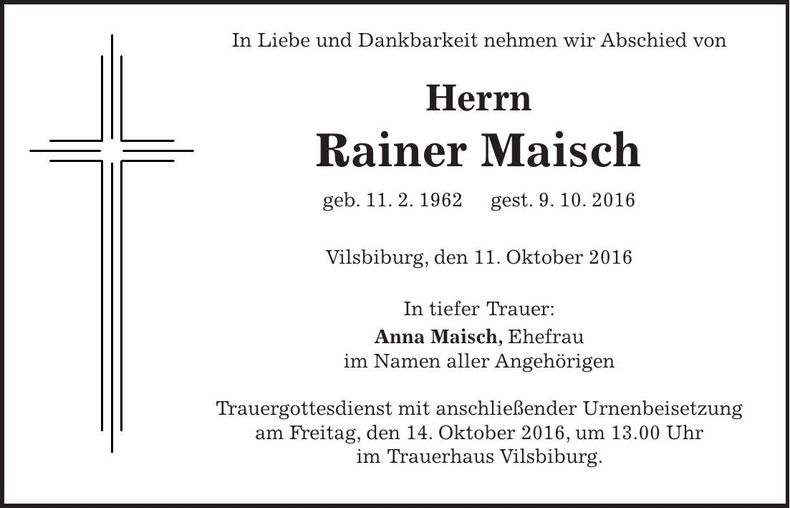 Traueranzeige Rainer Maisch