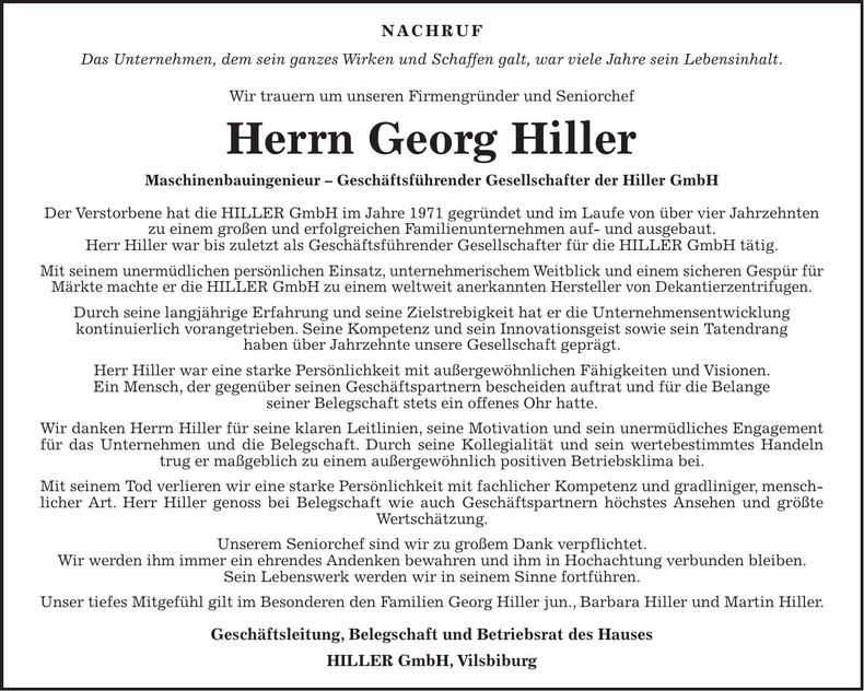 Traueranzeige Georg Hiller
