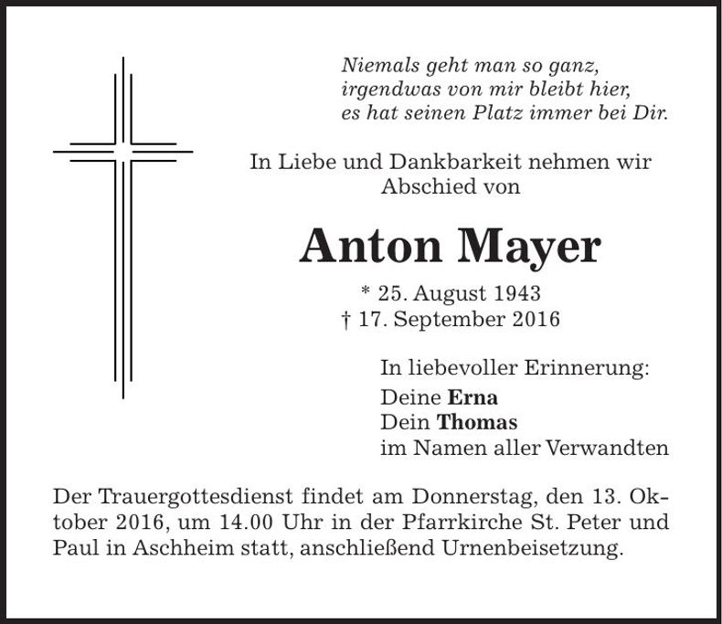 Traueranzeige Anton Mayer