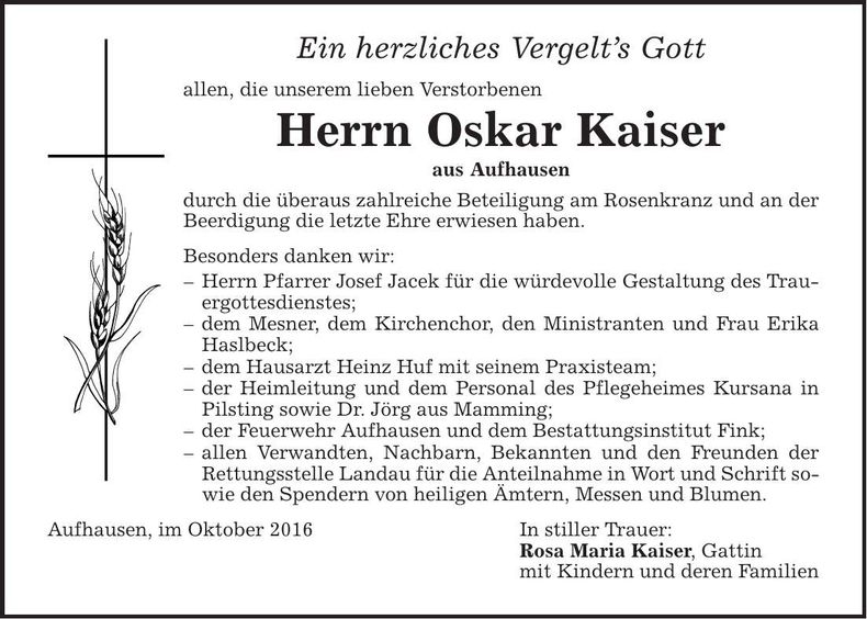 Traueranzeige Oskar Kaiser