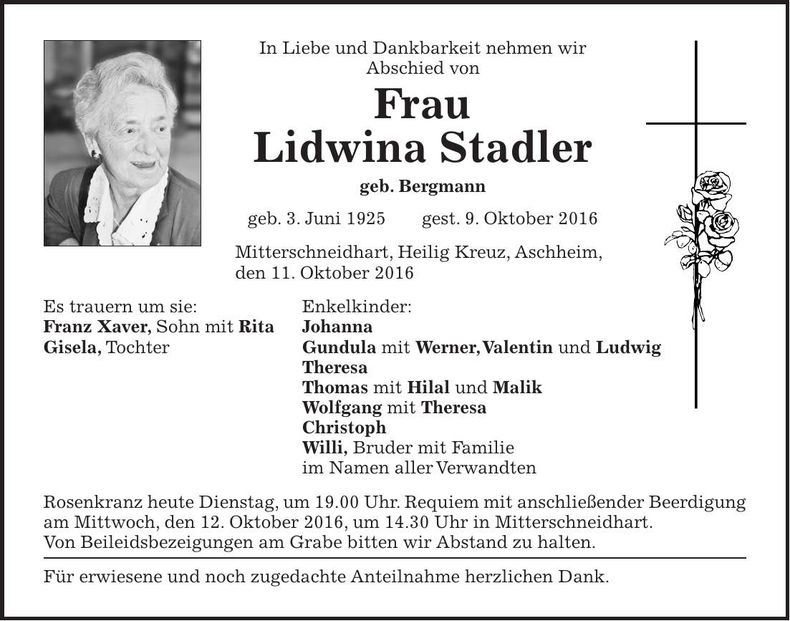 Traueranzeige Lidwina Stadler