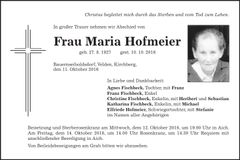 Traueranzeige Maria Hofmeier