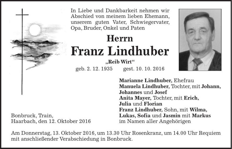 Traueranzeige Franz Lindhuber