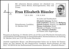 Traueranzeige Elisabeth Häusler