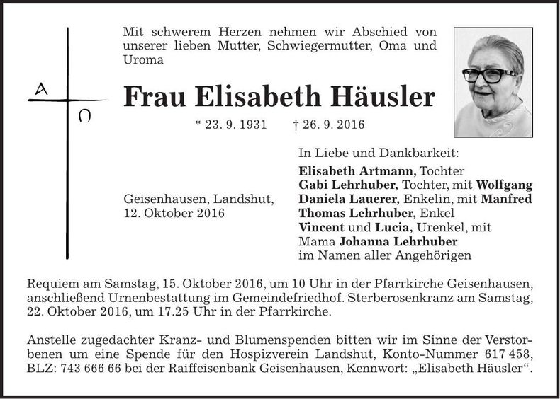 Traueranzeige Elisabeth Häusler