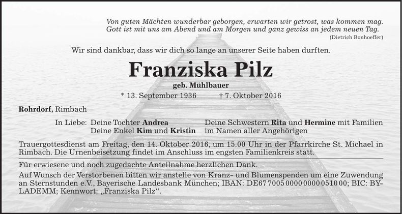Traueranzeige Franziska Pilz