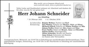 Traueranzeige Johann Schneider