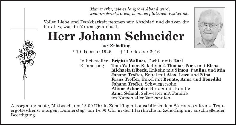 Traueranzeige Johann Schneider