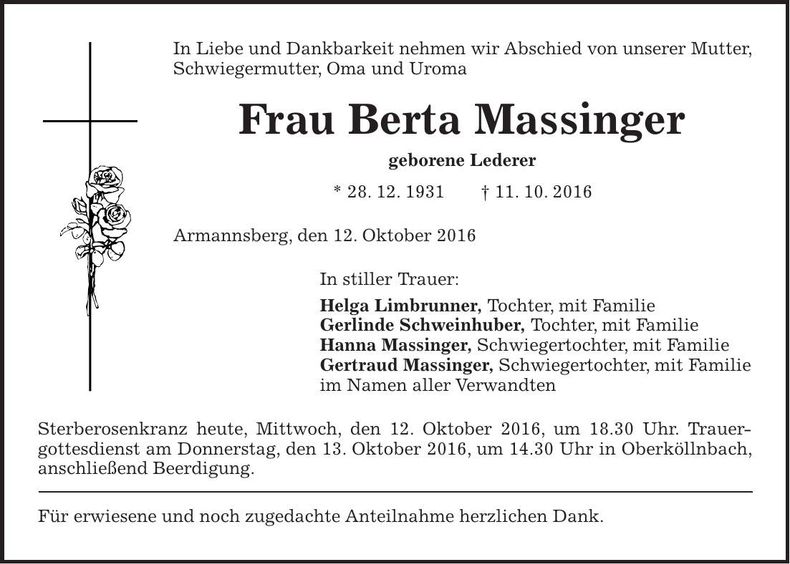 Traueranzeige Berta Massinger