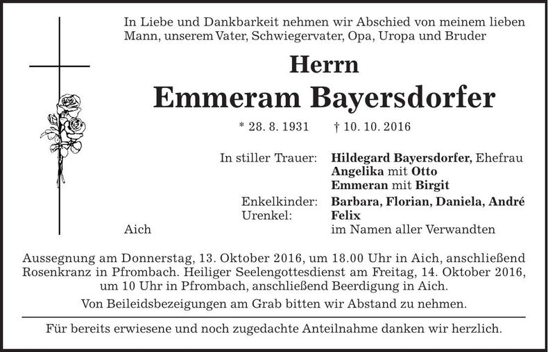 Traueranzeige Emmeram Bayersdorfer