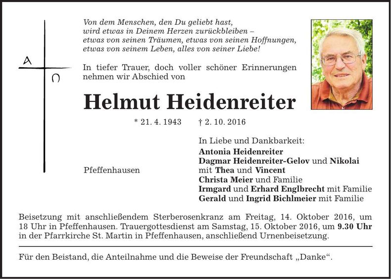 Traueranzeige Helmut Heidenreiter