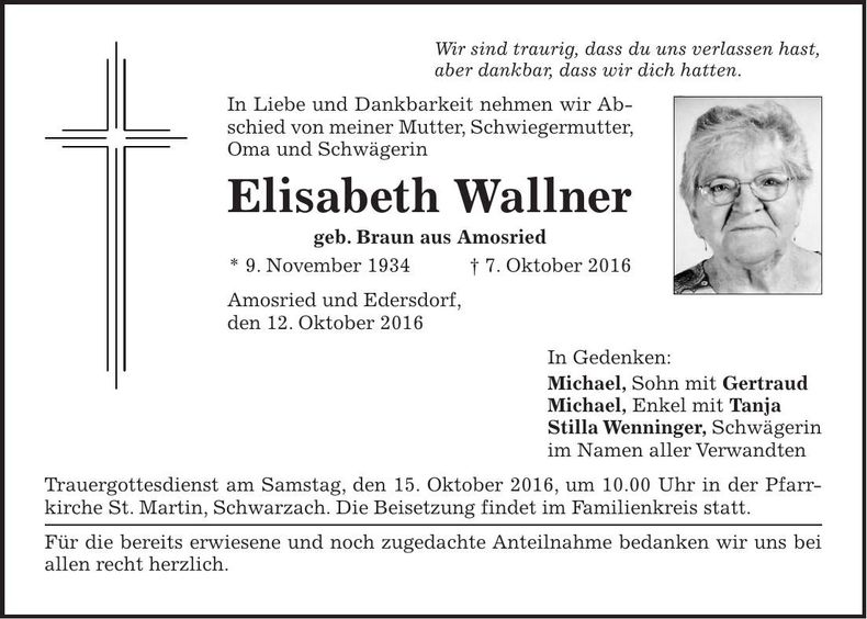 Traueranzeige Elisabeth Wallner
