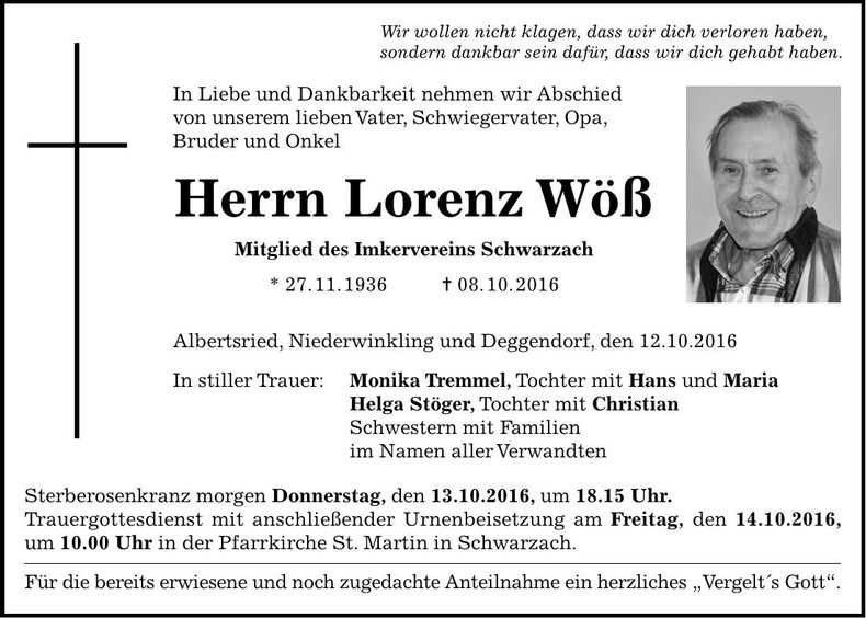 Traueranzeige Lorenz Wöß
