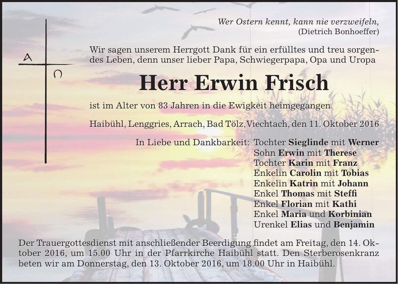 Traueranzeige Erwin Frisch