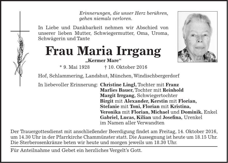 Traueranzeige Maria Irrgang