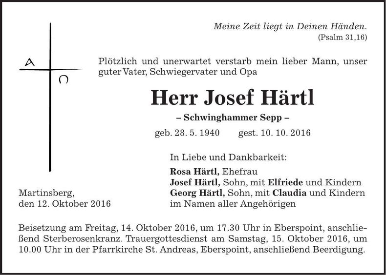 Traueranzeige Josef Härtl