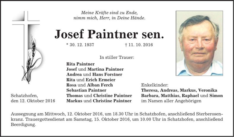 Traueranzeige Josef Paintner