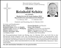 Traueranzeige Reinhold Schötz