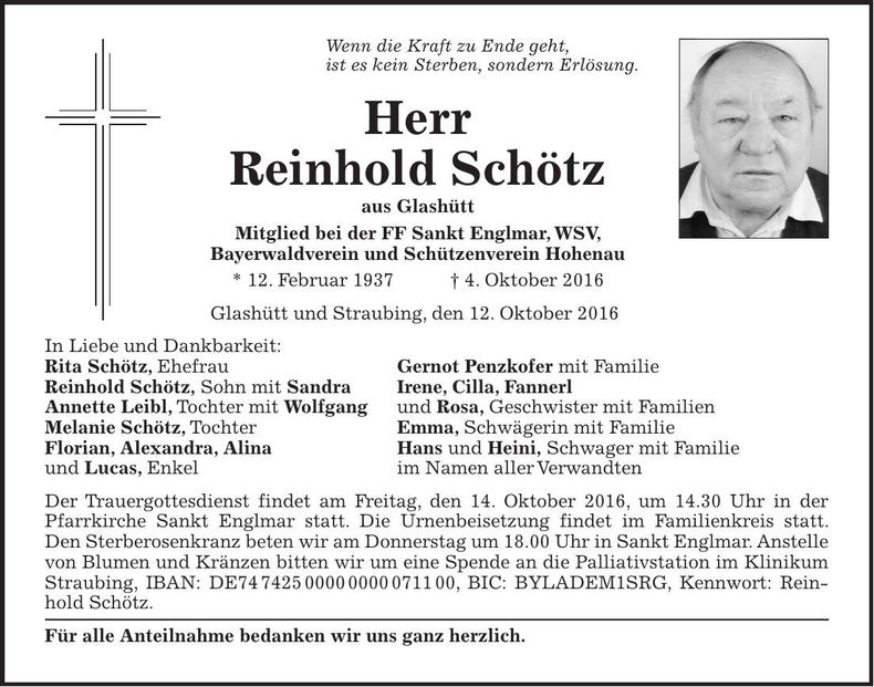 Traueranzeige Reinhold Schötz