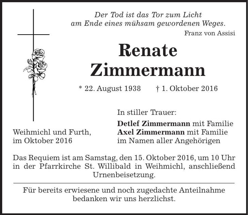 Traueranzeige Renate Zimmermann