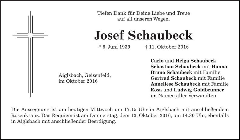 Traueranzeige Josef Schaubeck