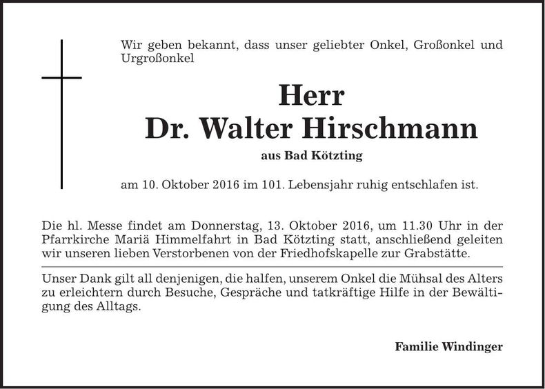 Traueranzeige Walter Dr. Hirschmann