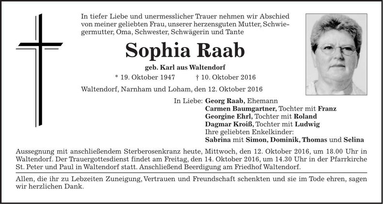 Traueranzeige Sophia Raab