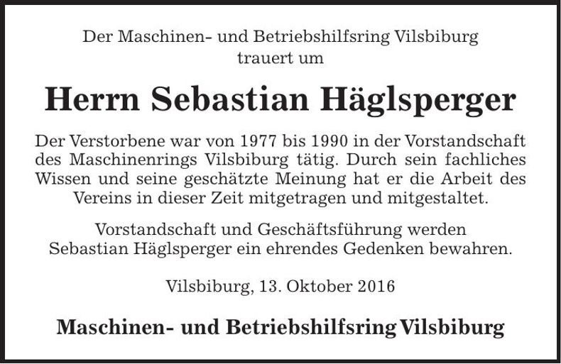 Traueranzeige Sebastian Häglsperger