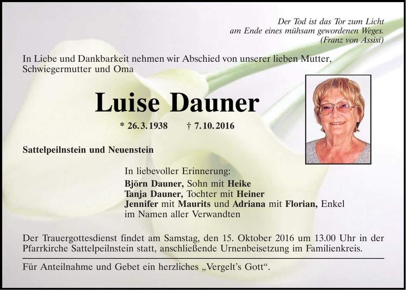 Traueranzeige Luise Dauner