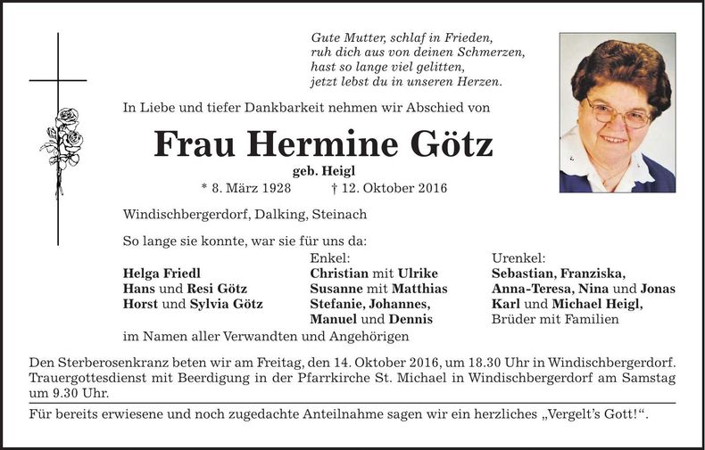Traueranzeige Hermine Götz