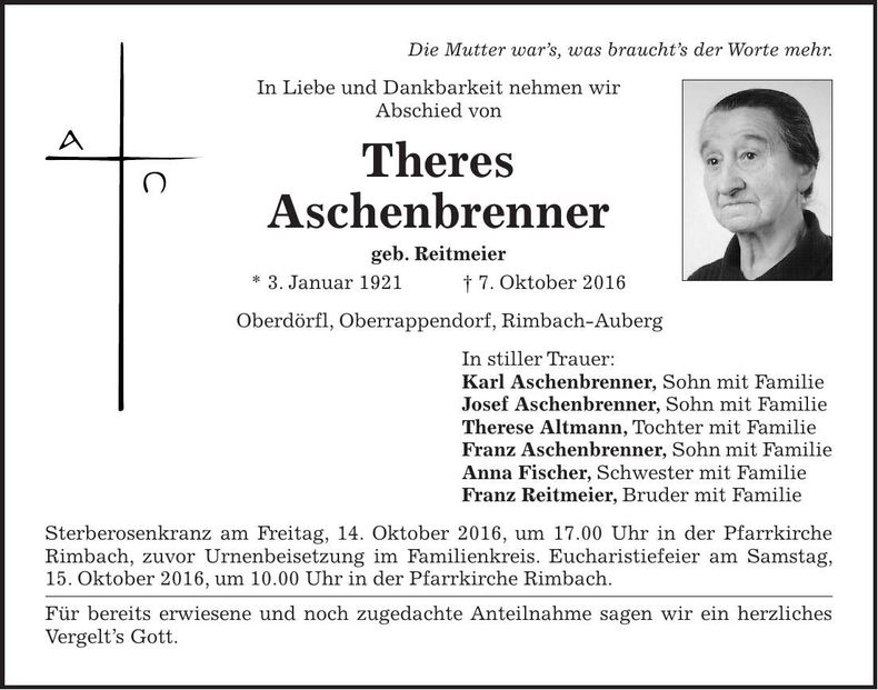 Traueranzeige Theres Aschenbrenner