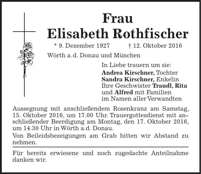 Traueranzeige Elisabeth Rothfischer