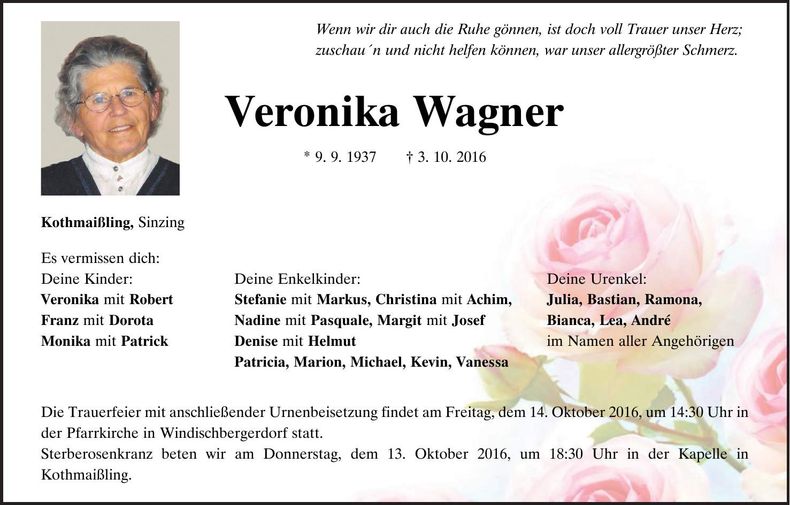 Traueranzeige Veronika Wagner