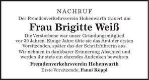 Traueranzeige Brigitte Weiß