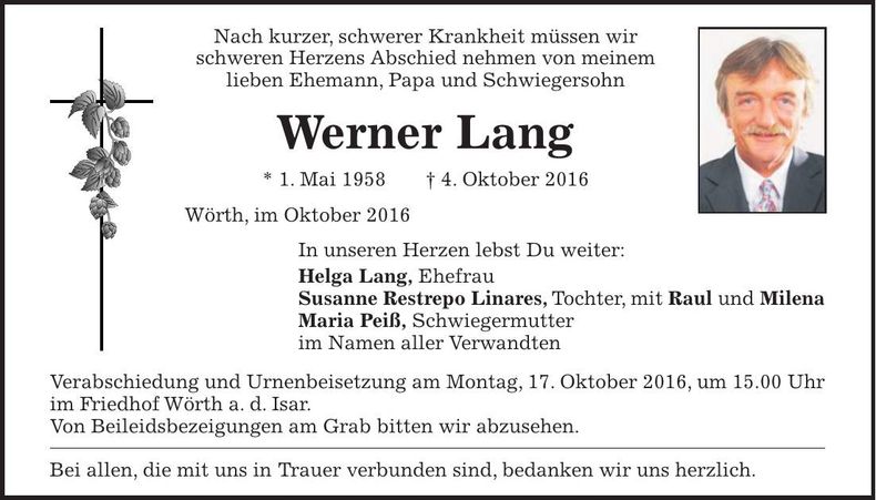 Traueranzeige Werner Lang