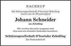 Traueranzeige Johann Schneider
