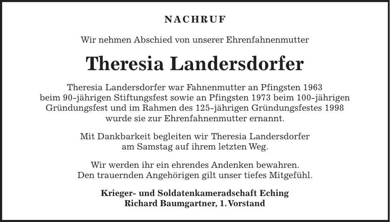 Traueranzeige Therese Landersdorfer