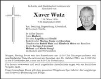 Traueranzeige Xaver Wutz
