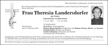 Traueranzeige Theresia Landersdorfer