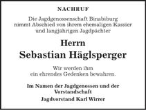 Traueranzeige Sebastian Häglsperger