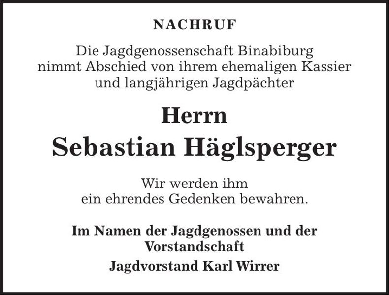 Traueranzeige Sebastian Häglsperger