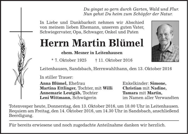 Traueranzeige Martin Blümel