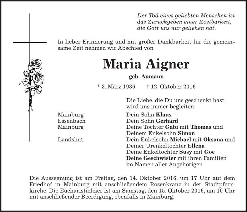 Traueranzeige Maria Aigner