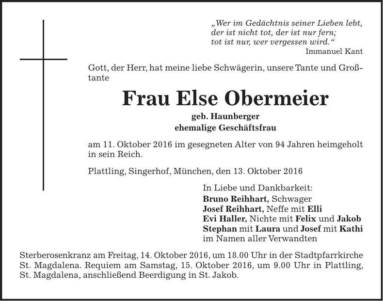 Traueranzeige Else Obermeier