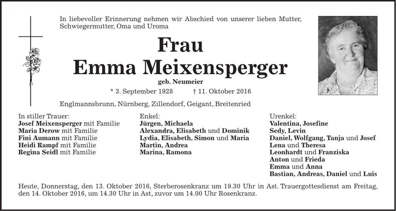 Traueranzeige Emma Meixensperger
