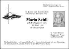 Traueranzeige Maria Seidl