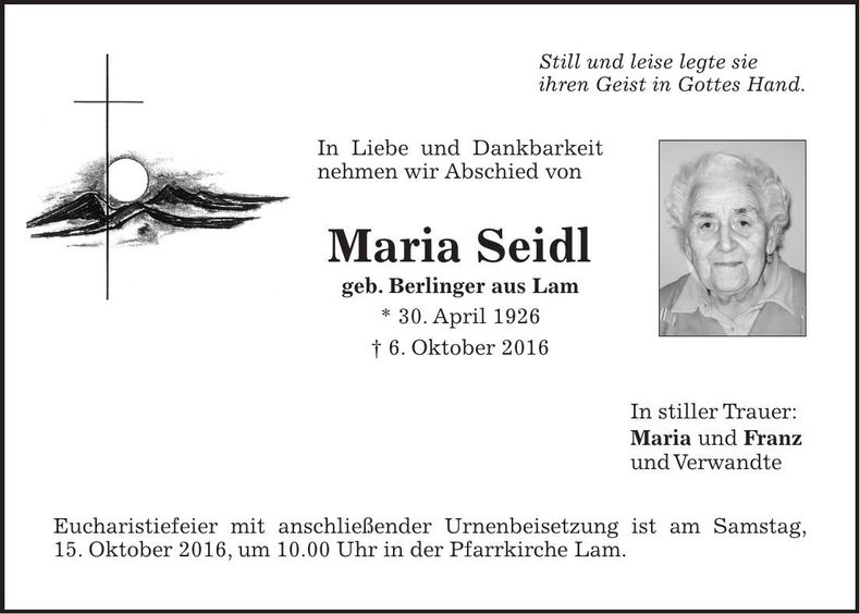 Traueranzeige Maria Seidl