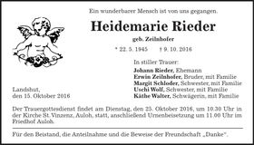 Traueranzeige Heidemarie Rieder