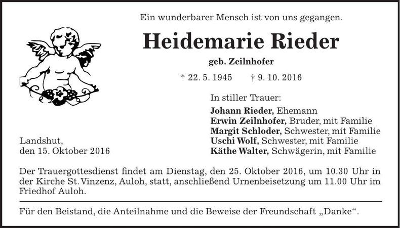 Traueranzeige Heidemarie Rieder